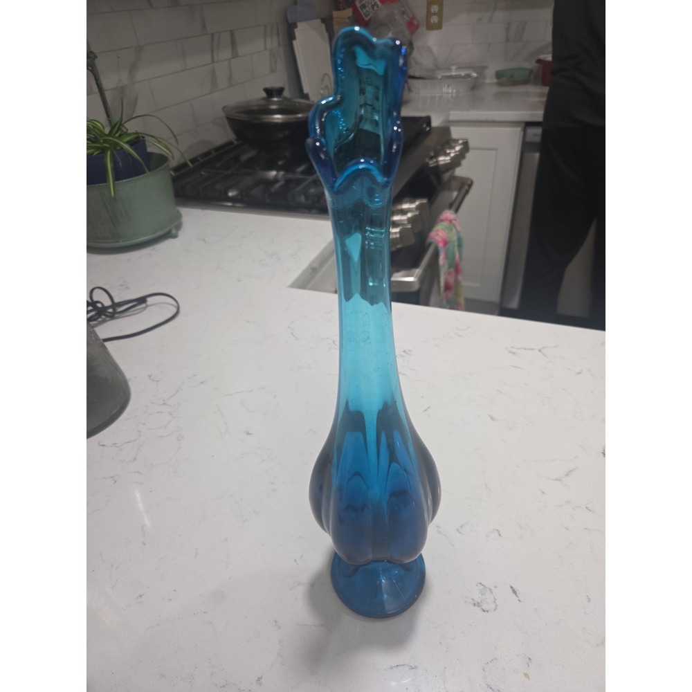 Vtg 14.5" L.E Smith Nancy Glass Vase MCM Pedestal 6 Petal Bluenique Blue Teal...